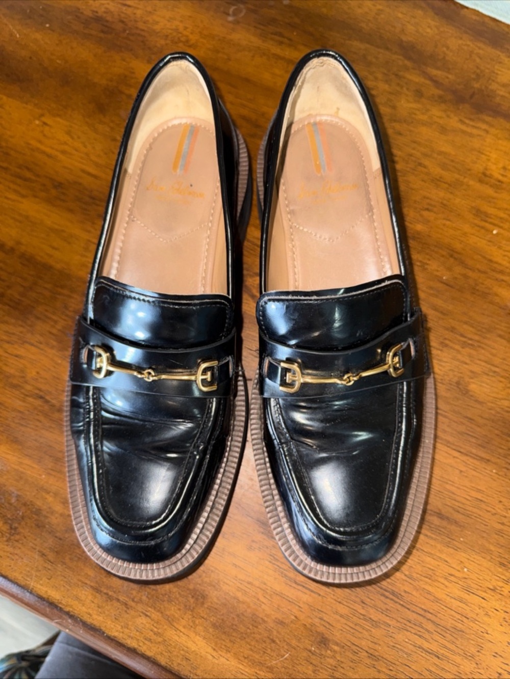 Black Leather Women’s Loafers sz 7.5 M Gold Hardware Sam Edelman Shoes chunky